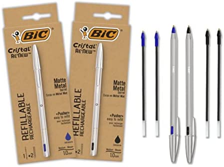 BIC Cristal Re’New, Penne a Sfera Ricaricabile in Metallo, Colore Blu e Nero, 2 Penne + 4 Ricariche, Penne da Regalo, Scuola e Ufficio