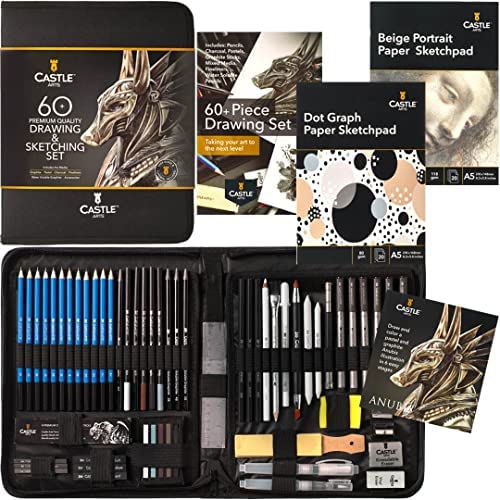 Castle Art Supplies Set da 60 pezzi di disegno e disegno | Grafite, matite solubili in acqua + bastoncini, fineliners | per artisti professionisti e adulti | in custodia con zip Carry-Anywhere