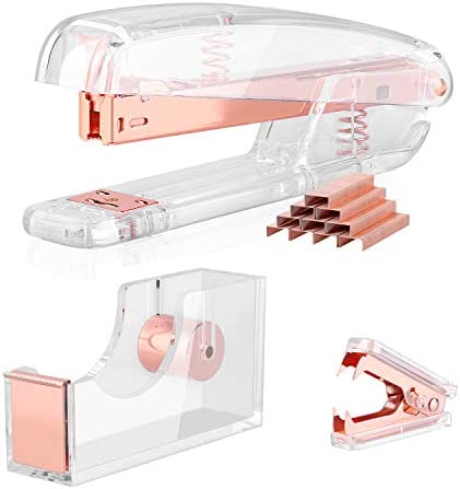 EFISH 3 Kit Accessori Scrivania,Dispenser di Nastri,Dispositivo di Rimozione Graffette,Set di Graffatrici Acriliche con Punti Metallici 26/6 da 1000 Pezzi Gratuiti – (oro Rosa)