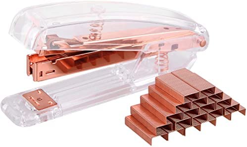 EFISH Pinzatrice per Piccoli Uffici,Cucitrice da Tavolo Trasparente a Molla Con 1000 Punti Metallici,Adatta per Forniture per Ufficio Moderne Con Punti Metallici 24/6mm o 26/6mm – Oro Rosa