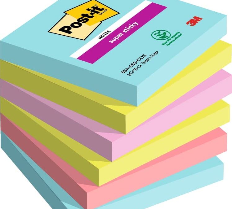 Post-it Foglietti Super Sticky, Collezione Cosmic, Confezione da 6 blocchetti, 90 Fogli/blocco, 76 mm x 76 mm, Colori Turchese, Verde, Rosa, Foglietti Adesivi per Appunti, Elenchi & Promemoria