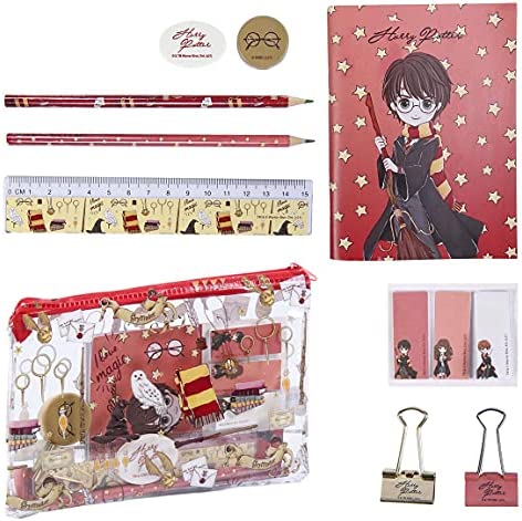 Harry Potter Set di Cancelleria, Include Matite, Righello, Taccuino A6, Gomma, Temperamatite, Foglietti Adesivi, Clips, Astuccio, Set Scolastico