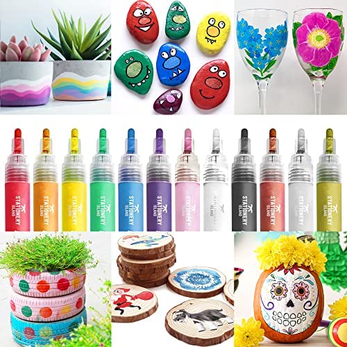 Stationery Island Pennarelli Acrilici Punta Fine-pennarelli indelebili colorati per dipingere sassi, pittura su roccia, vetro, decorazioni in carta, pennarelli per sassi. (Punta fine 1 mm- 12 colori)