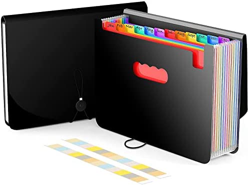 Amaza Cartella Portadocumenti A4, Organizer Espandibile, Portadocumenti Fisarmonica, 12 Tasche, Portatile, Multicolore in Plastica, Ufficio della società Casa (Nero)