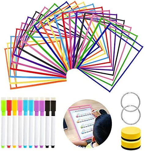 Dry Erase Pocket, GuKKK 20 Pcs Resuable Tasche Pulite Forniture di Cartoleria, 2 Gomma e 2 Occhielli in Metallo, per Office School, Scuola, Casa, o Lavoro(35.5×25.5 cm)
