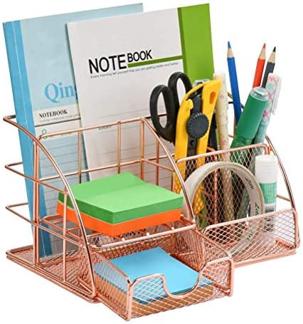YANSHON Organizer da Scrivania, Bambini Organizer da Scrivania,Portaoggetti da Scrivania Scrivania Ordinata con Portapenne e Cassetto in Metallo Rete per la Scuola, L’ufficio e L’aula (Oro Rosa)