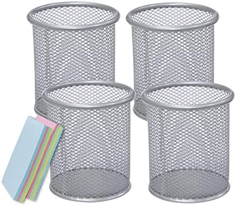 Qualsen 4 Pezzi Portapenne Scrivania Ufficio Portapenne a Maglia in Metallo Portamatite di Tazza Penna Organizer Matita Astuccio per Scrivania Ufficio e Scuola, argento