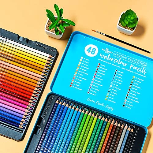 Stationery Island matite acquarellabili professionali – pastelli acquarellabili, Matite Colorate Pre-Temperate + 1 Pennello Tondo Piccolo. Perfetti per Colorare e Creare Dipinti (Set di 48 colori)