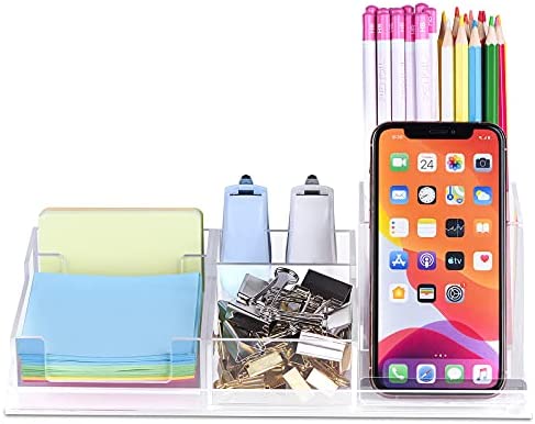 POPRUN Organizer da scrivania,Portaoggetti da scrivania in acrilico con portapenne e porta telefono per la scuola, l’ufficio e l’aula (trasparente)