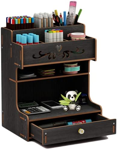 Huixinue Organizer Scrivania in legno con Cassetto,Grande Capacità,Montaggio fai-da-te Portapenne da Scrivania,Porta Penne per Scrivania,Organizzatore Scrivania per ufficio,scuola e casa (B13-Nero)