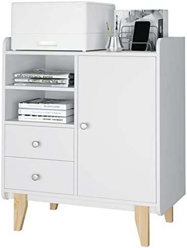 Cassettiera Portadocumenti da Ufficio in Legno,Schedario con Cassetto e 2 Scomparti Aperti,Mobile Multiuso con Anta,Scaffale Stand per Stampante,Mobile ufficio con cassetto per Ufficio Studio Bianco