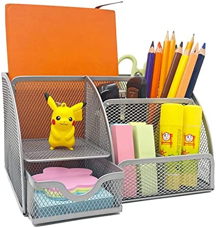 Suwang Organizer Scrivania,Portaoggetti da Scrivania Fatto di Metallo,Porta Penne per Scrivania,Portapenne per ufficio accessori scrivania,Adatto per scuole,uffici,ecc. (Sette scomparti-argento)