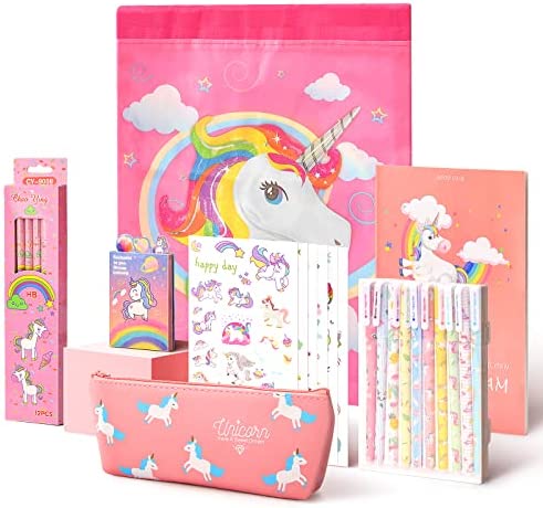 Anyfirst 37 pcs Unicorno Regalo Per Ragazza, Cancelleria per Unicorno Includere Astuccio, Penne Colorate y Matite , Astuccio Unicorno Bambina di 6 7 8 9 10 11 Anni (Rose)