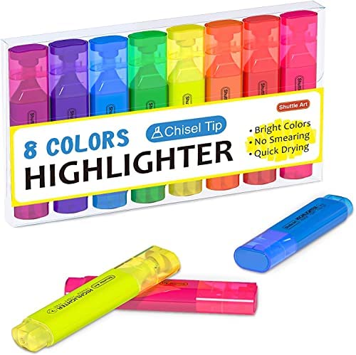 Evidenziatori a Penna, Shuttle Art 8 Set Evidenziatori Colori Assortiti, Punta a Scalpello Asciugatura Rapida Evidenziatore Non-Tossico per Adulti Bambini Evidenziare a Casa Scuola Ufficio
