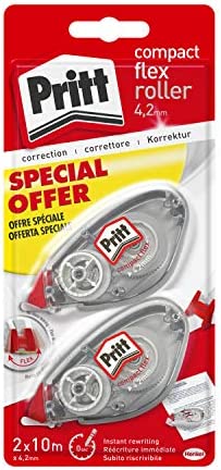 Pritt Flex Roller, Bianchetto a nastro per coprire gli errori, Correttore a nastro riscrivibile, Correttore per frasi e lettere singole, Confezione da 2 (4.2mmx10m)