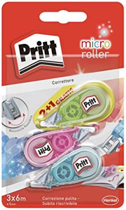 Pritt Micro Roller, Correttore a nastro per correggere gli errori, Bianchetto a nastro antimacchia mini, Correttore dal design colorato in blu, verde e rosa, Confezione da 3 (5mmx6m)