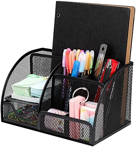 Organizer da Scrivania Multifunzionale Metallo Portapenne con Cassetto Scorrevole Organizzatore di Cancelleria per per Uffici, Scuole e Casa Nero