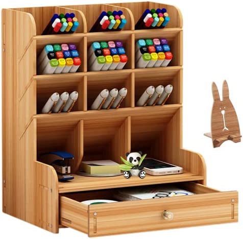 Huhemy Portapenne da Scrivania in legno,Organizer Scrivania con cassetto,Porta Penne per scrivania multifunzionale,Portapenne per penne ufficio casa scuola. (B11-Marrone)