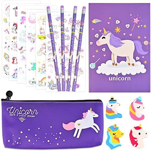 Faburo Cancelleria per Unicorno, 16pz Set Cancelleria Unicorno, Set di Matite a Forma di Unicorno Astucci Penna per Materiale Scolastico Ragazze Present