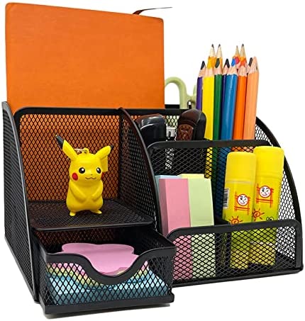 Suwang Organizer Scrivania,Portaoggetti da Scrivania Fatto di Metallo,Porta Penne per Scrivania,Portapenne per ufficio accessori scrivania,Adatto per scuole,uffici,ecc. (Sette scomparti-nero)
